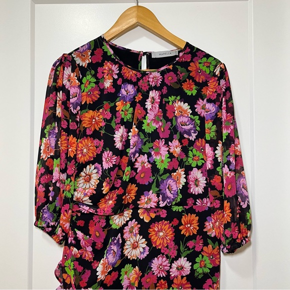 MARELLA - Deep Fuchsia - Floral Ruffle - Long-Sleeve Dress - Women’s 10 - Picture 3 of 11